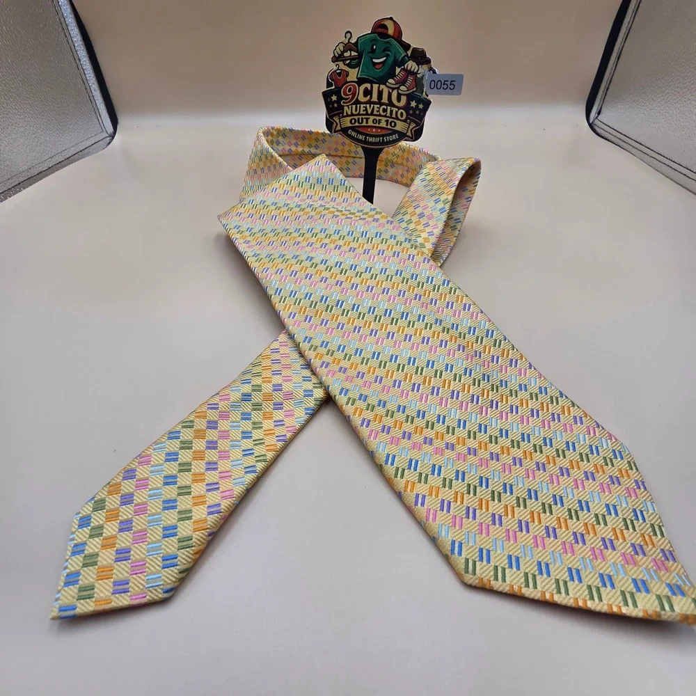 Altea Milano Mens Silk Tie Yellow Multi Color Geometric Basketweave Made  Italy